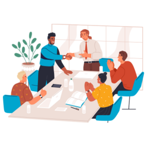 Illustration of two people shaking hands in a meeting.